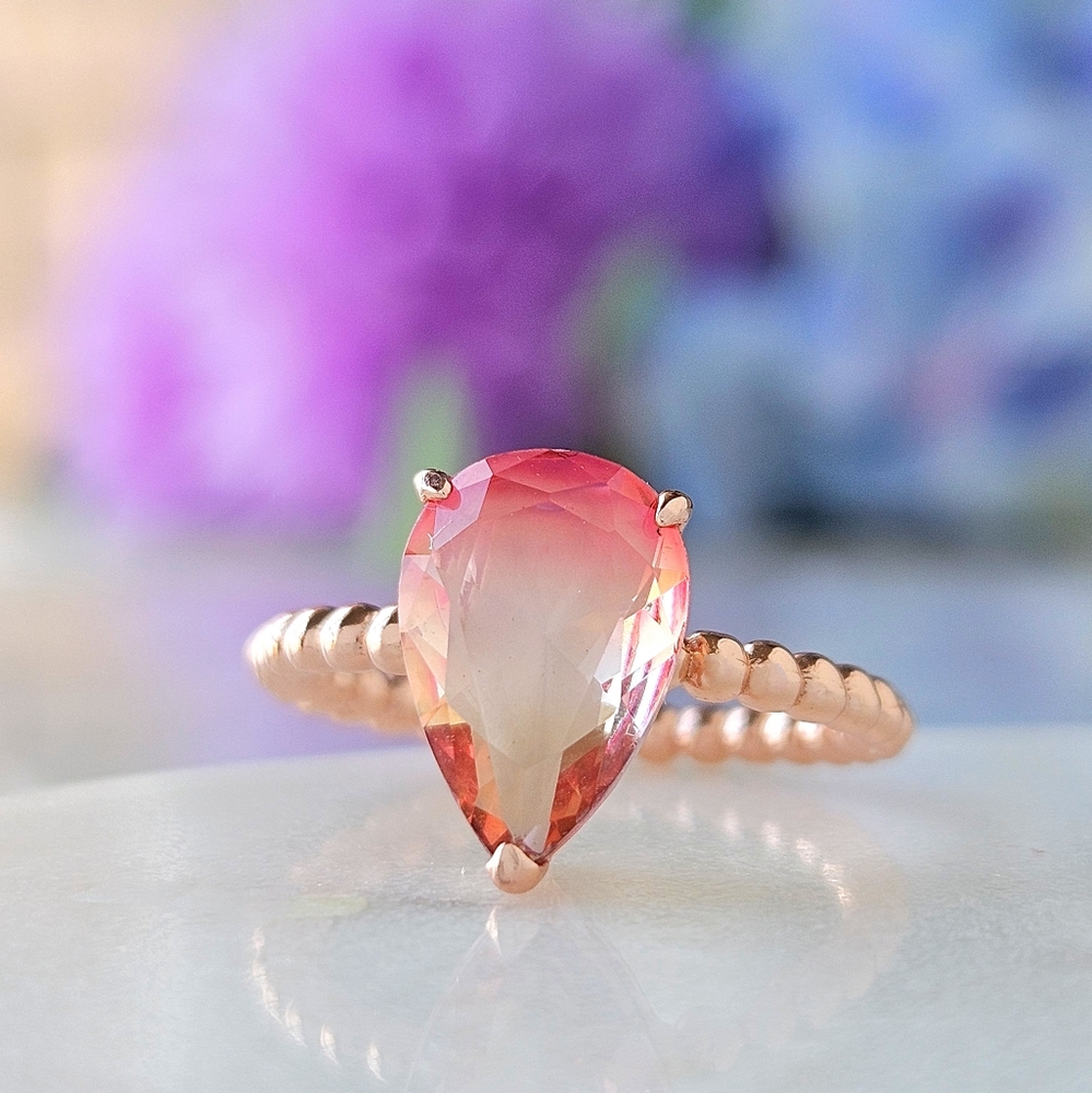 Peach Ombre Pear Cut Gemstone ring, 925 Sterling Silver, 18k Rose Gold - Picture 6 of 9